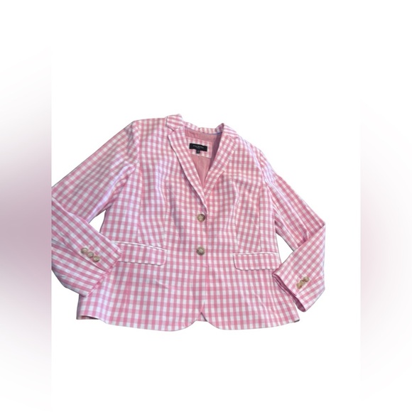 Talbots Womens Pink White Gingham Single Breasted Blazer Jacket 14P - Picture 1 of 10